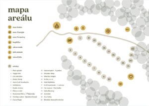Mapa areálu Festivalu Spojení — stany, kaplička, zázemí a stánky